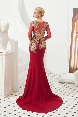Schlanke lange Ärmel Goldapplikationen Meerjungfrau Abendkleider bodenlangen Event Partykleid