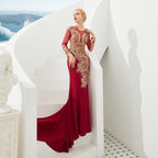 Schlanke lange Ärmel Goldapplikationen Meerjungfrau Abendkleider bodenlangen Event Partykleid