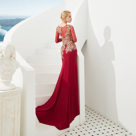 Schlanke lange Ärmel Goldapplikationen Meerjungfrau Abendkleider bodenlangen Event Partykleid