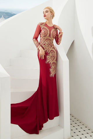 Schlanke lange Ärmel Goldapplikationen Meerjungfrau Abendkleider bodenlangen Event Partykleid