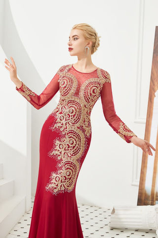 Schlanke lange Ärmel Goldapplikationen Meerjungfrau Abendkleider bodenlangen Event Partykleid