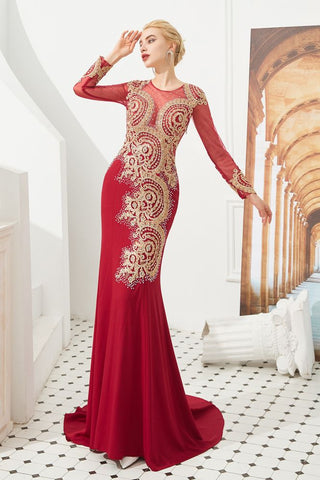 Schlanke lange Ärmel Goldapplikationen Meerjungfrau Abendkleider bodenlangen Event Partykleid