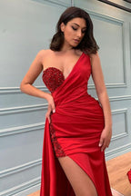 Slit Front Red Sequin One Shoulder Mermaid  Prom Dress