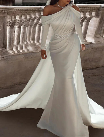Formelle Brautkleider Zweiteilige One-Shoulder-Langarm-Bodenlänge Satin Brautkleider mit Schärpe / Band Perlen