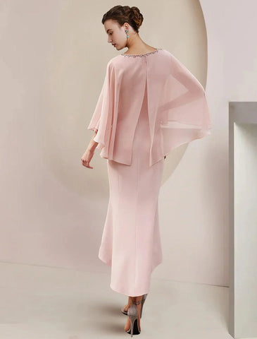 Meerjungfrau/Trompete Kleid für die Mutter der Braut, formelle Hochzeit, Gastparty, Vintage, elegant, U-Ausschnitt, asymmetrisch, knielang, Chiffon, ärmellos, mit Perlen