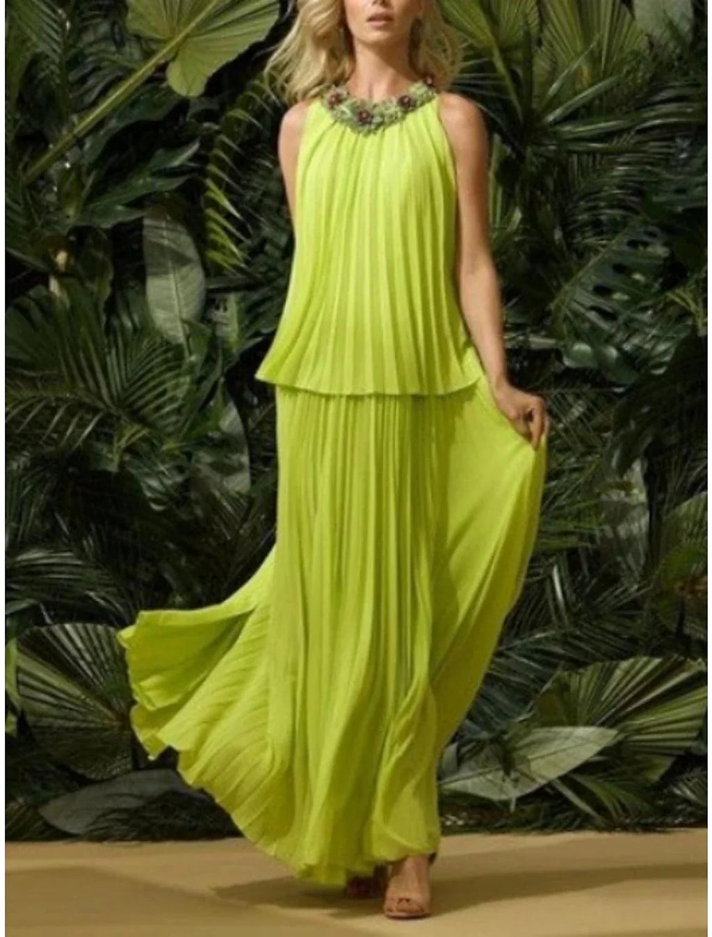 Vestido de mãe da noiva de duas peças, elegante, com decote em joia, comprimento até ao tornozelo, em chiffon, sem mangas, com pregas, aplicações, outono