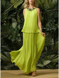 Zweiteiliges Kleid für die Mutter der Braut, Hochzeitsgast, elegant, süß, Juwelenhals, knöchellang, Chiffon, ärmellos, mit Falten, Applikationen, Herbst