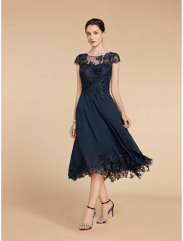 Elegantes Vintage-Kleid für formelle Hochzeitsgäste mit U-Ausschnitt, knielang, Spitze, 3/4-Ärmel und Paillettenapplikationen, Mutter der Braut