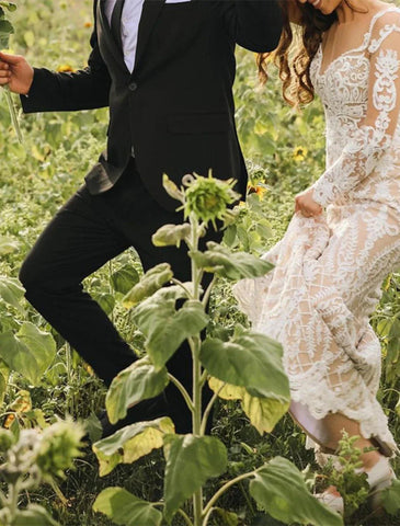 Verlobungs-formelle Boho-Brautkleider Trompeten-/Meerjungfrauenkleider Illusionsausschnitt Langarm Pinselschleppe Spitzen-Brautkleider mit Applikationen