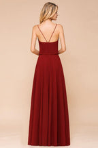 Spaghetti Chiffon Bridesmaid Dress Backless Burgundy Floor-Length Beach Wedding Dress