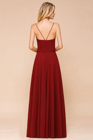 Spaghetti Chiffon Brautjungfernkleid Rückenfrei Burgunderrot Bodenlang Strand Brautkleid
