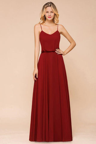 Spaghetti Chiffon Brautjungfernkleid Rückenfrei Burgunderrot Bodenlang Strand Brautkleid