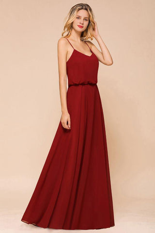 Spaghetti Chiffon Brautjungfernkleid Rückenfrei Burgunderrot Bodenlang Strand Brautkleid