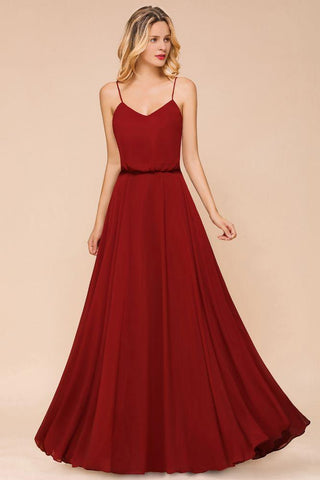 Spaghetti Chiffon Brautjungfernkleid Rückenfrei Burgunderrot Bodenlang Strand Brautkleid