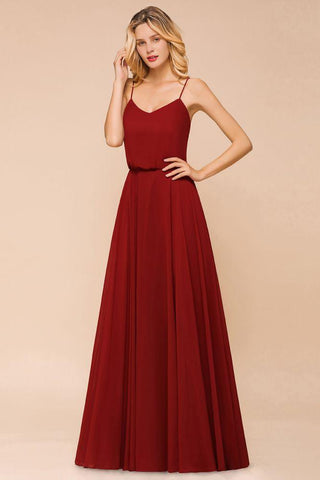 Spaghetti Chiffon Brautjungfernkleid Rückenfrei Burgunderrot Bodenlang Strand Brautkleid