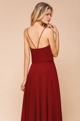 Spaghetti Chiffon Brautjungfernkleid Rückenfrei Burgunderrot Bodenlang Strand Brautkleid