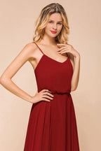 Spaghetti Chiffon Bridesmaid Dress Backless Burgundy Floor-Length Beach Wedding Dress