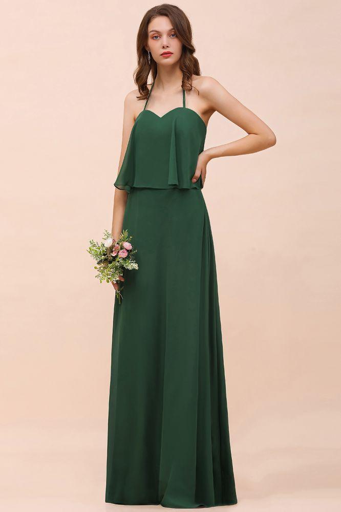 Spaghetti Chiffon Bridesmaid Dress Dark Green Maid of Honor Dress Floor Length