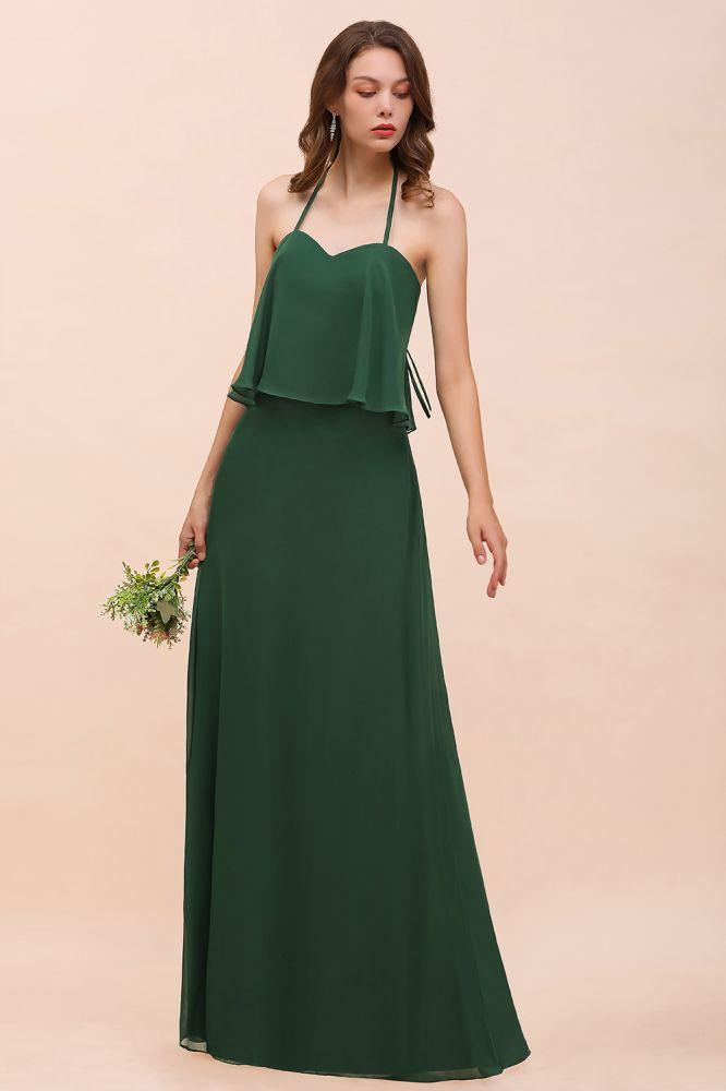 Spaghetti Chiffon Bridesmaid Dress Dark Green Maid of Honor Dress Floor Length