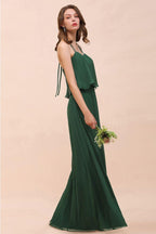Spaghetti Chiffon Bridesmaid Dress Dark Green Maid of Honor Dress Floor Length