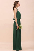 Spaghetti Chiffon Bridesmaid Dress Dark Green Maid of Honor Dress Floor Length