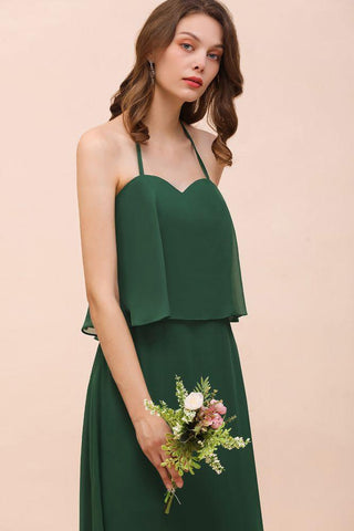Spaghetti Chiffon Brautjungfernkleid Dunkelgrünes Brautjungfernkleid Bodenlang