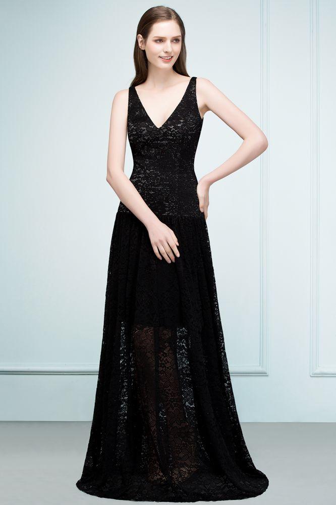 Spaghetti Floor Length A-line V-neck Lace Bridesmaid Dresses