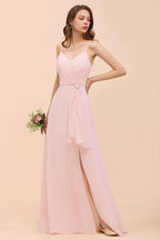 Spaghetti Side Split Pink Bridesmaid Dress Beach Simple Wedding Dress