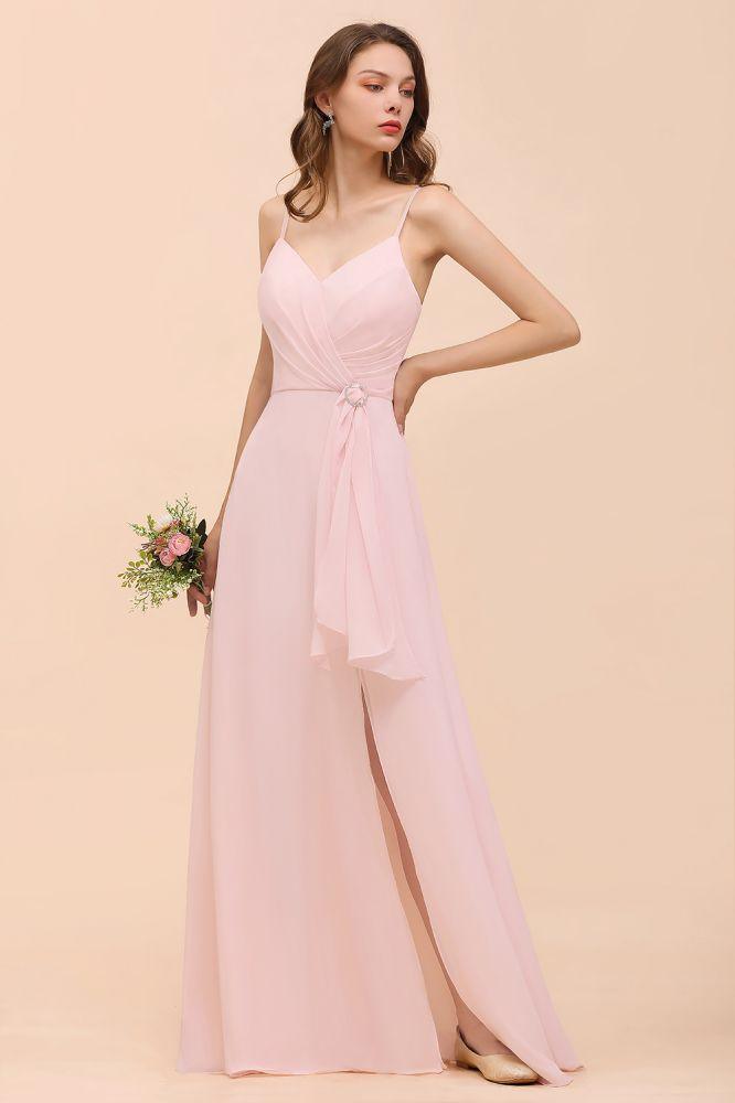 Spaghetti Side Split Pink Bridesmaid Dress Beach Simple Wedding Dress