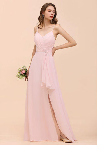 Spaghetti Side Split Rosa Brautjungfernkleid Strand Schlichtes Hochzeitskleid