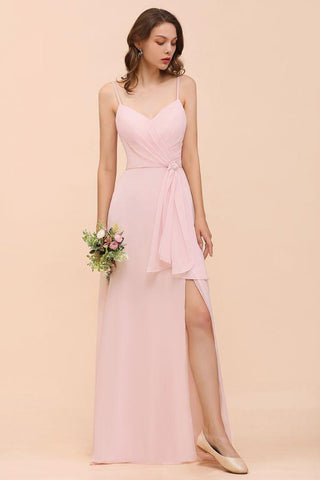Spaghetti Side Split Rosa Brautjungfernkleid Strand Schlichtes Hochzeitskleid