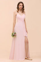 Spaghetti Side Split Pink Bridesmaid Dress Beach Simple Wedding Dress