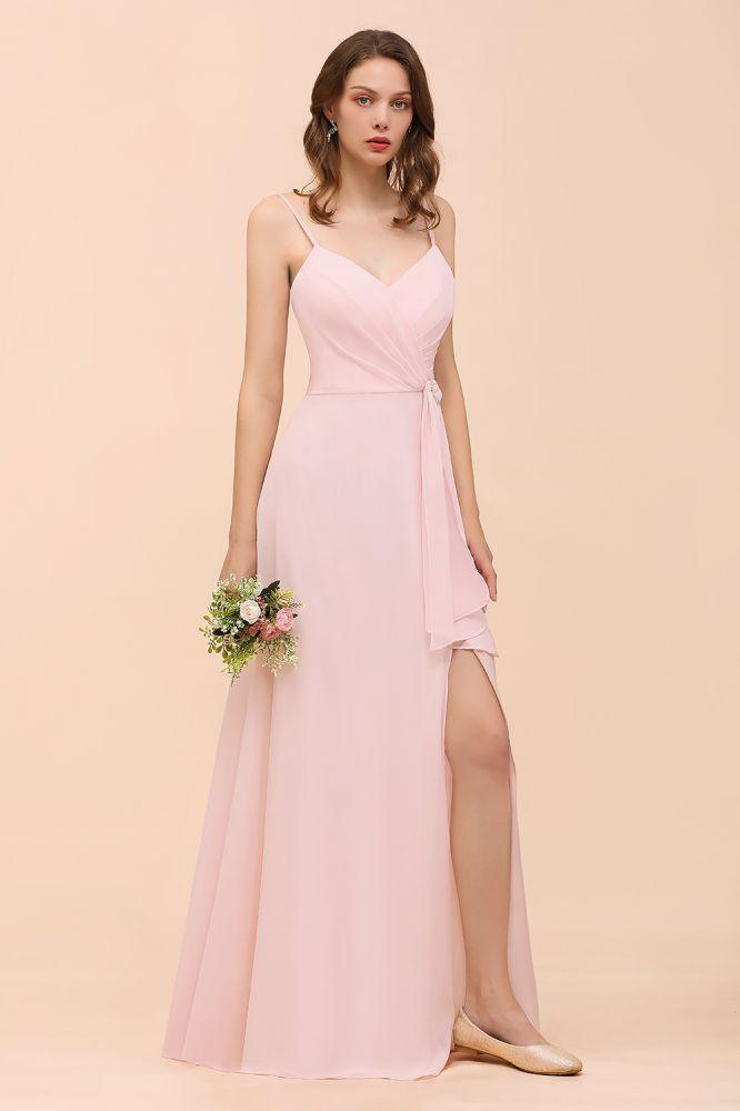 Spaghetti Side Split Pink Bridesmaid Dress Beach Simple Wedding Dress