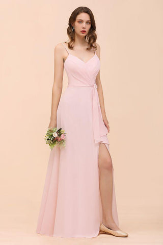 Spaghetti Side Split Rosa Brautjungfernkleid Strand Schlichtes Hochzeitskleid
