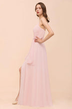 Spaghetti Side Split Pink Bridesmaid Dress Beach Simple Wedding Dress