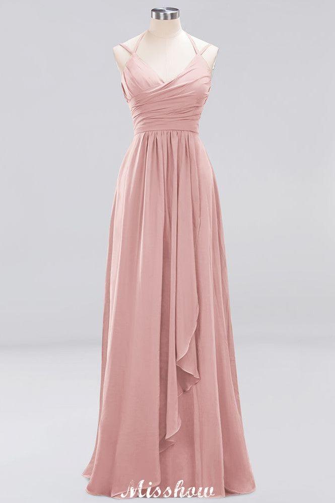 Spaghetti Sleeveless Ruffles A-line Chiffon Bridesmaid Dresses Straps Evening Maxi Dress