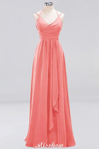 Spaghetti Sleeveless Ruffles A-line Chiffon Bridesmaid Dresses Straps Evening Maxi Dress