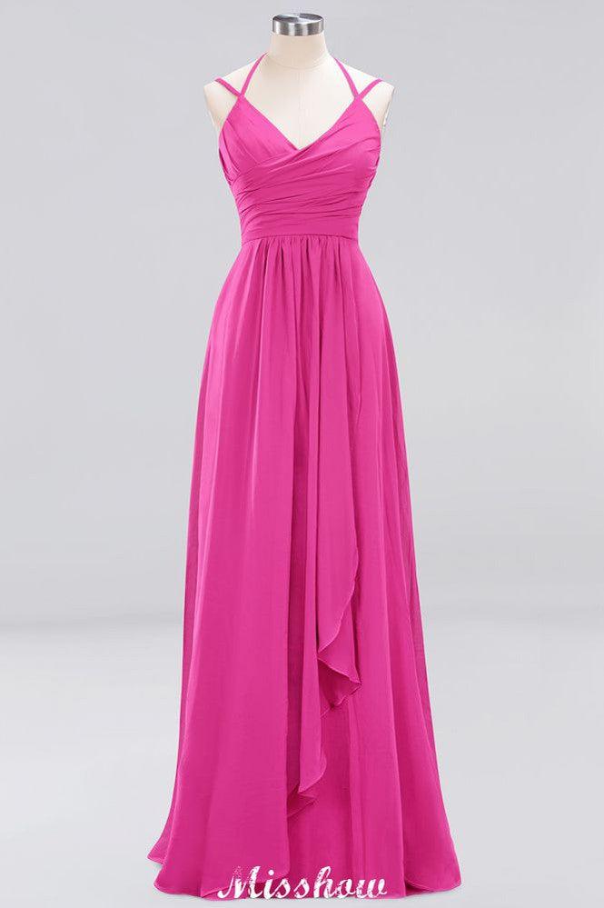 Spaghetti Sleeveless Ruffles A-line Chiffon Bridesmaid Dresses Straps Evening Maxi Dress