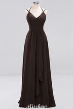 Spaghetti Sleeveless Ruffles A-line Chiffon Bridesmaid Dresses Straps Evening Maxi Dress