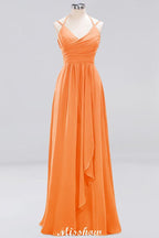 Spaghetti Sleeveless Ruffles A-line Chiffon Bridesmaid Dresses Straps Evening Maxi Dress