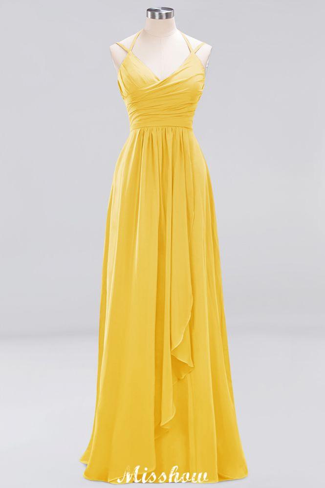 Spaghetti Sleeveless Ruffles A-line Chiffon Bridesmaid Dresses Straps Evening Maxi Dress