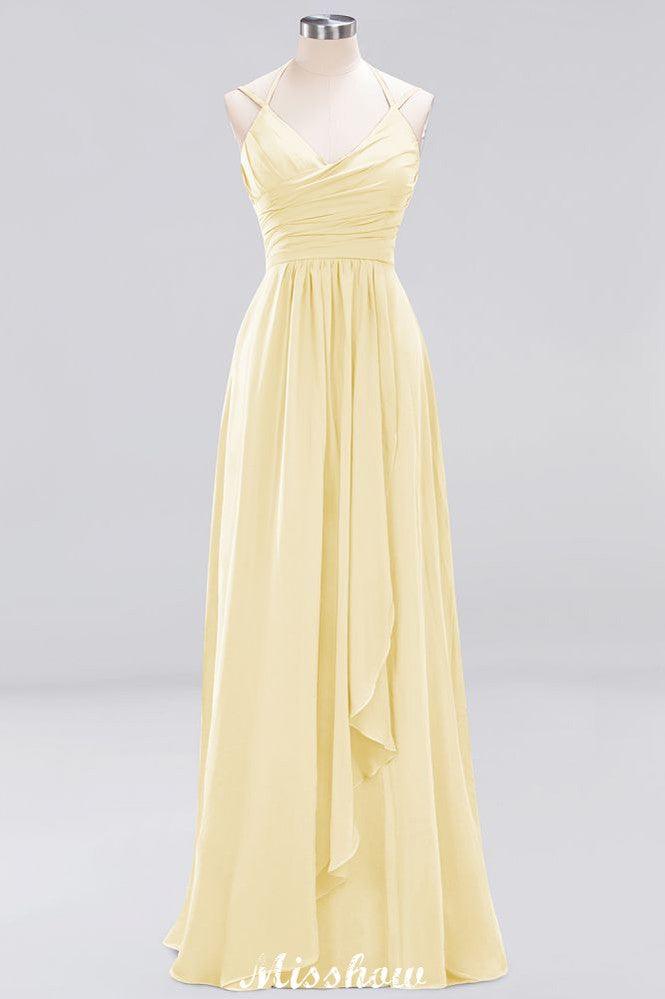 Spaghetti Sleeveless Ruffles A-line Chiffon Bridesmaid Dresses Straps Evening Maxi Dress
