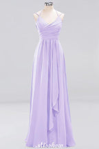 Spaghetti Sleeveless Ruffles A-line Chiffon Bridesmaid Dresses Straps Evening Maxi Dress