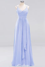 Spaghetti Sleeveless Ruffles A-line Chiffon Bridesmaid Dresses Straps Evening Maxi Dress