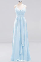 Spaghetti Sleeveless Ruffles A-line Chiffon Bridesmaid Dresses Straps Evening Maxi Dress