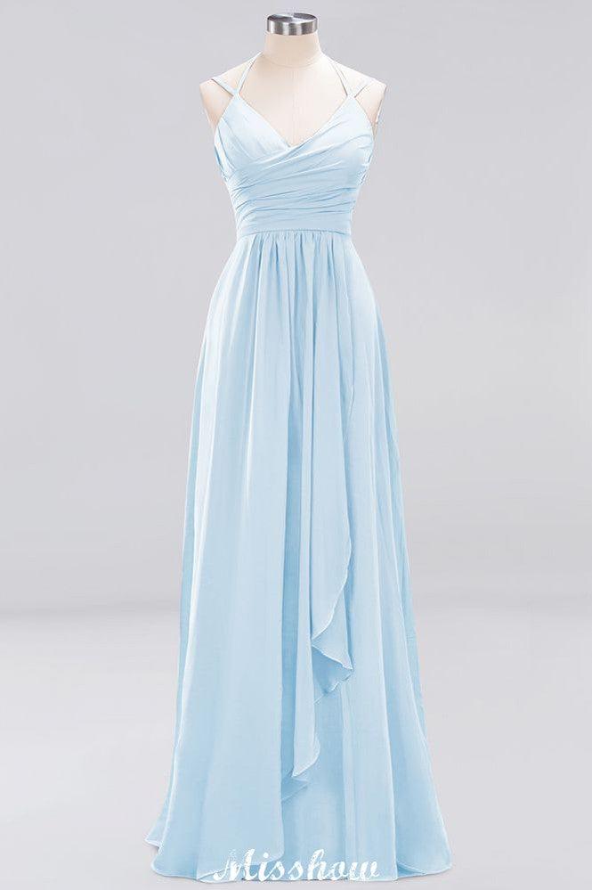Spaghetti Sleeveless Ruffles A-line Chiffon Bridesmaid Dresses Straps Evening Maxi Dress
