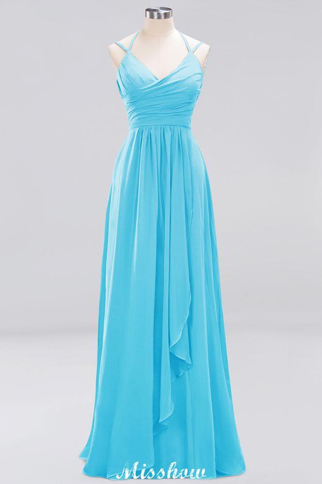 Spaghetti Sleeveless Ruffles A-line Chiffon Bridesmaid Dresses Straps Evening Maxi Dress