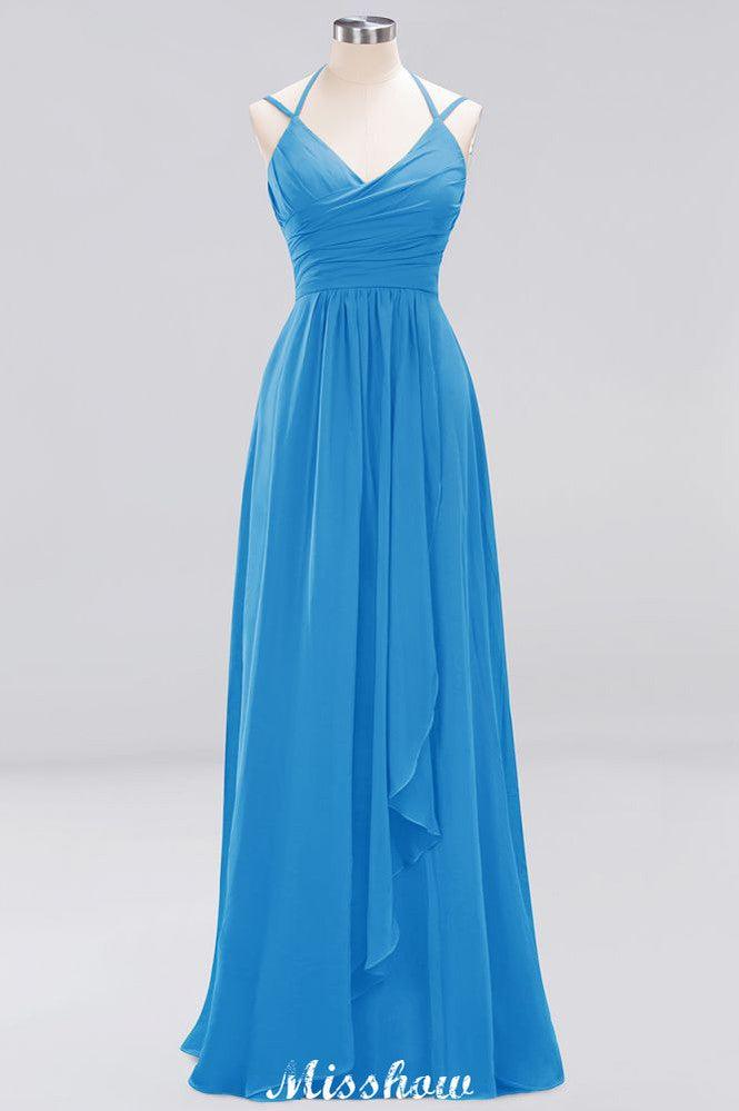 Spaghetti Sleeveless Ruffles A-line Chiffon Bridesmaid Dresses Straps Evening Maxi Dress