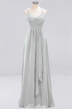 Spaghetti Sleeveless Ruffles A-line Chiffon Bridesmaid Dresses Straps Evening Maxi Dress