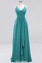 Spaghetti Sleeveless Ruffles A-line Chiffon Bridesmaid Dresses Straps Evening Maxi Dress